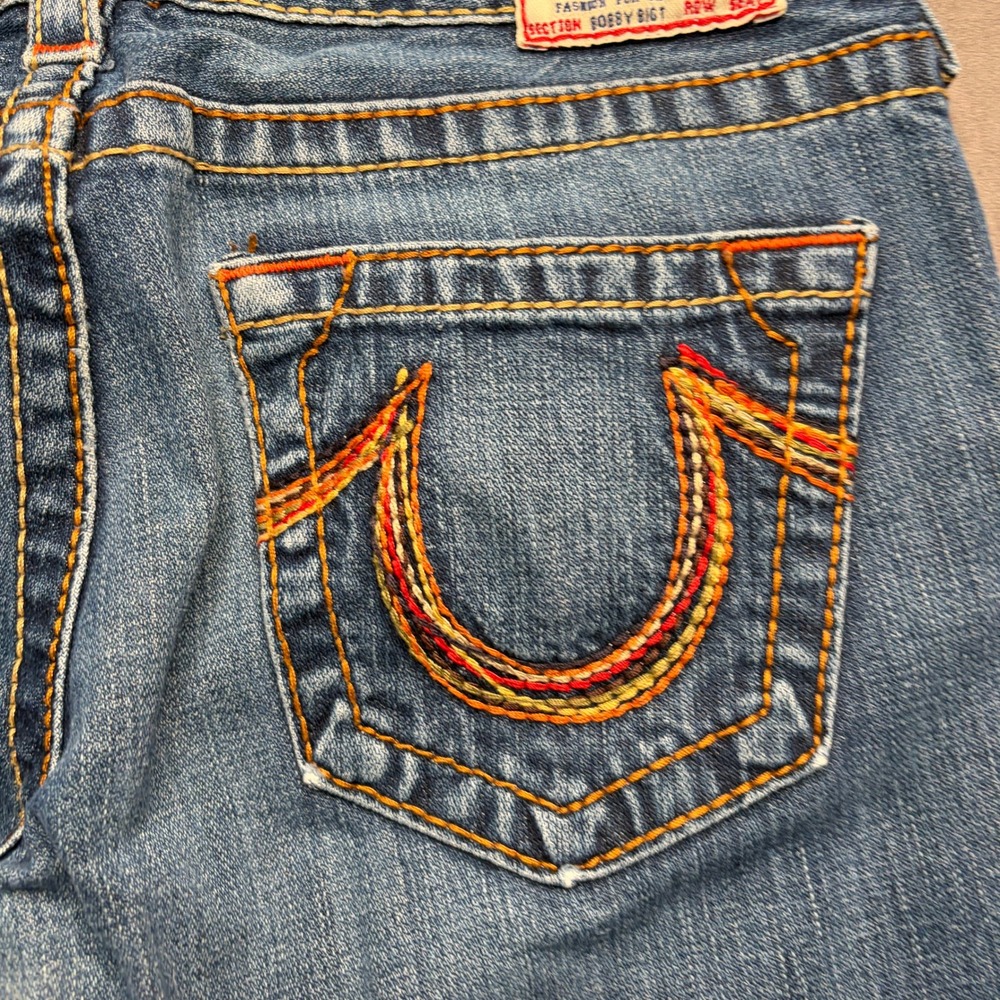 Vtg Y2k True Religion Flare Jeans Women 28 Blue Rainbow Stitch Distressed Grunge